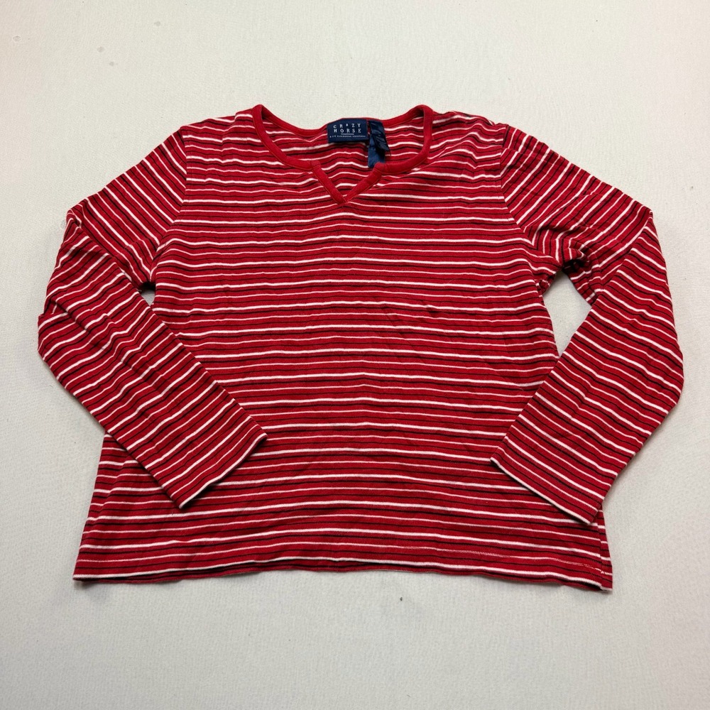 Crazy Horse Shirt Women Medium Red Striped Excellent Notched Neck Long Sleeve